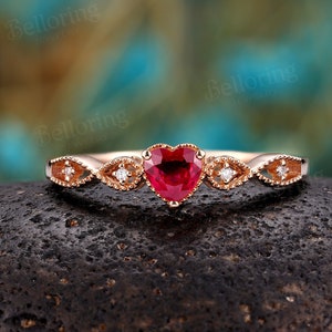 Heart shaped ruby engagement ring rose gold art deco moissanite diamond rings vintage half eternity ring antique anniversary wedding ring