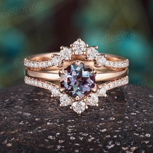 Vintage Alexandrite engagement ring set rose gold moissanite/diamond ring enhancer prong set antique unique anniversary promise bridal set