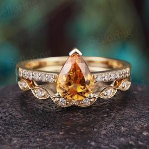 Pear Citrine Engagement Ring Set in Gold - &quot;Embrace Prosperity With Yellow Citrine&quot; | Moissanite Diamond Pave Wedding Band Promise Ring Set