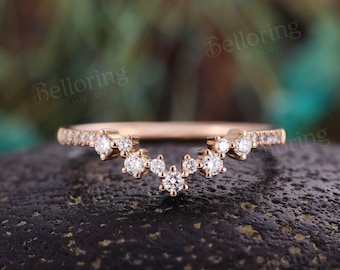 Moissanite diamond curved wedding band art deco solid 14K rose gold stacking ring antique chevron matching band  promise anniversary ring