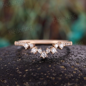 Moissanite diamond curved wedding band art deco solid 14K rose gold stacking ring antique chevron matching band  promise anniversary ring