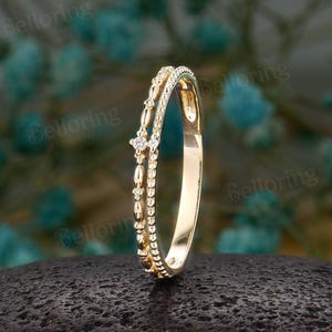 Vintage 14K Gold Wedding Band Delicate Milgrain Double Wedding Band Women Dainty Diamond Wedding Ring Minimalist Stacking Band By Belloring