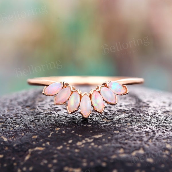 Vintage opal curved wedding band 14k rose gold marquise opal chevron matching band unique antique birthstone stacking anniversary ring