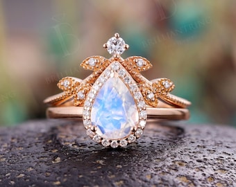 Pear shaped moonstone engagement ring set Rose gold art deco moissanite halo rings vintage leaf rings June birthstone anniversary bridal set