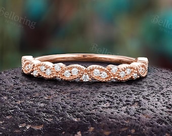 Vintage Moissanite Wedding Band: Dainty Solid Gold Milgrain Leaf Half Eternity Anniversary Bridal Promise Ring
