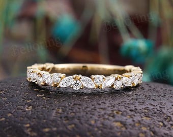 Vintage Marquise Moissanite Wedding Band,14K Yellow Gold 3/4 Eternity Band,Antique Stacking Matching Bands,Unique Anniversary Promise Ring