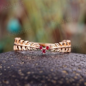 Natural Ruby curved wedding band vintage rose gold leaf stacking bands unique art deco matching wedding rings promise anniversary ring