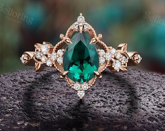 Vintage Pear Emerald Engagement Ring: Nature Inspired 14K Gold Moissanite Leaf Milgrain Ring Bridal Anniversary Ring