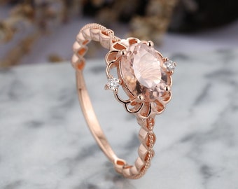 Vintage morganite engagement ring rose gold art deco diamond rings half eternity antique wedding ring unique promise anniversary ring