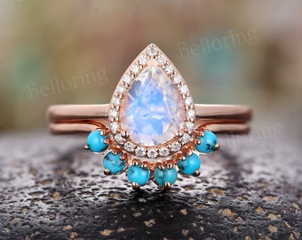 Pear shaped moonstone engagement ring set vintage art deco diamond wedding rings turquoise curved band anniversary promise bridal set