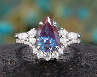 Pear shaped Alexandrite engagement ring set white gold diamond cluster ring art deco unique marquise moissanite rings anniversary bridal set