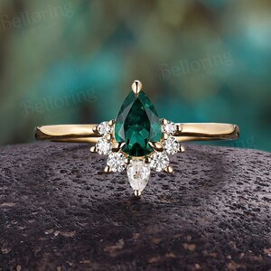 Vintage pear emerald engagement ring yellow gold ring round moissanite diamond ring cluster ring unique anniversary promise ring