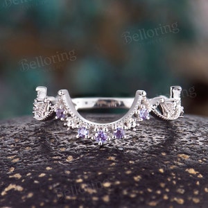 Alexandrite Curved wedding band vintage white gold chevron stacking ring antique handmade matching band unique anniversary promise ring