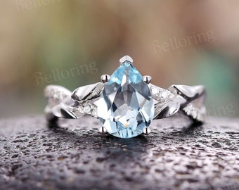 Birnenförmiger Aquamarin Verlobungsring Weißgold Vintage Diamant Ringe Unikat Art Deco Infinity Ring Geburtsstein Jahrestag Ehering