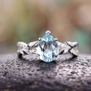 Pear shaped Aquamarine engagement ring white gold vintage diamond rings unique art deco infinity ring birthstone anniversary wedding ring