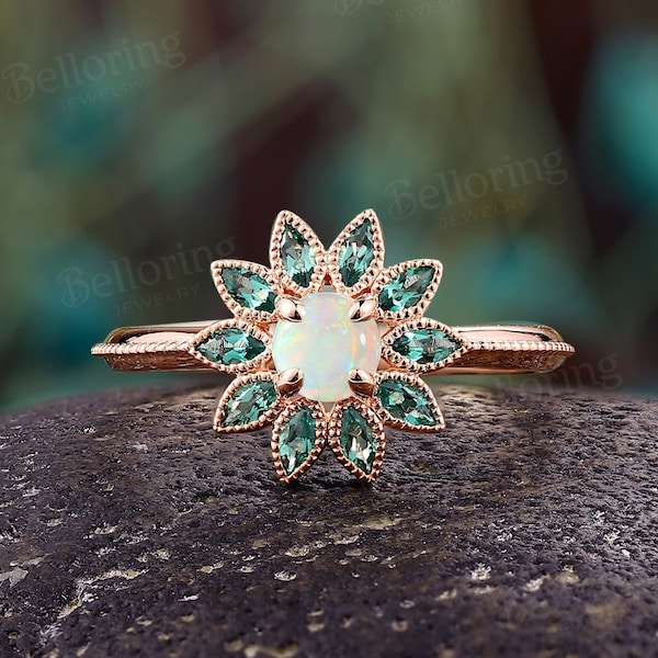 Vintage round cut white opal engagment ring rose gold milgrain ring floral ring marquise cut lab emerald ring anniversary promise ring