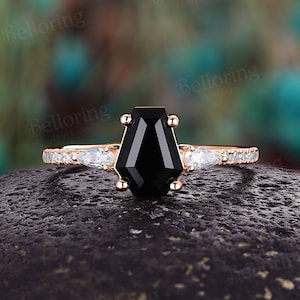 Vintage coffin shape black onyx engagement ring rose gold ring unique bridal ring round moissanite pave ring teardrop anniversary ring