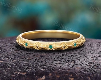 Antik smaragdvigselring - Art Deco 14K guld milgrain full allians stapelring