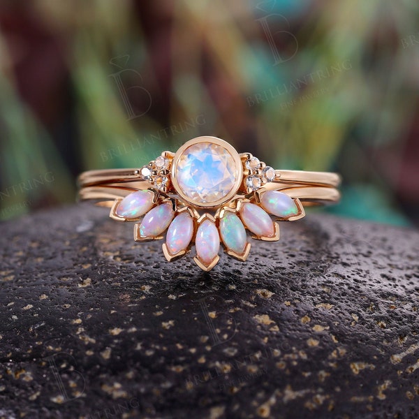 Vintage Round Moonstone Engagement Ring Set,Marquise Opal Wedding Band,Art Deco Rose Gold  Bezel Bridal Set,Anniversary Promise Rings