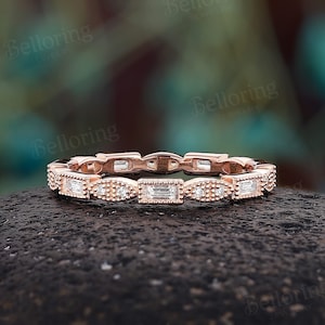 Art Deco Baguette Shape CZ Wedding Band Rose Gold Ring Vintage Milgrain Bridal Band Bezel Ring Unique Full Eternity Band Anniversary Ring