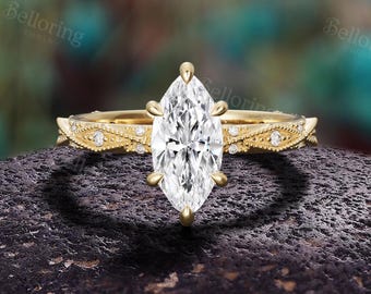 Vintage Marquise Moissanit Verlobungsring: 14K Gelbgold Milgrain Pave Band Jubiläumsgeschenk