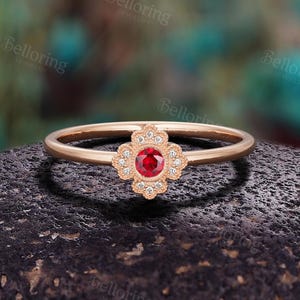 Vintage Ruby Engagement Ring: Unique Yellow Gold Diamond Flower Halo Milgrain Wedding Rings