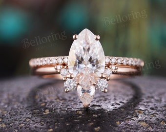 Vintage moissanite engagement ring set rose gold pear shaped bridal set curved wedding band half eternity anniversary ring set