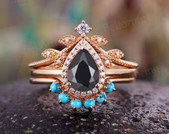 Black Onyx engagement ring set Rose gold art deco moissanite halo rings vintage turquoise curved wedding band leaf anniversary bridal set