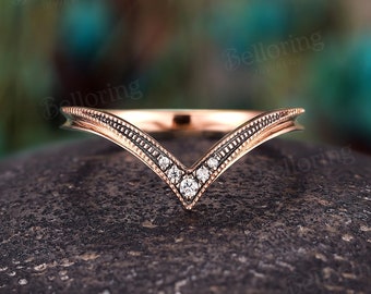 Vintage Round shape Diamond curved wedding band Rose gold milgrain ring unique stacking ring Anniversary Promise ring art deco dainty band