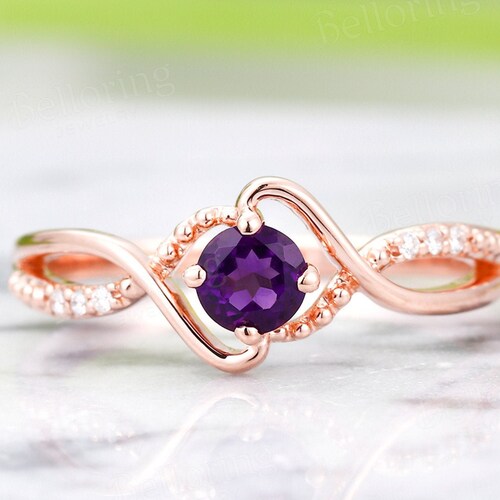 Amethyst Wedding Ring Setsolid 14k Rose Goldhandmade Diamond Etsy
