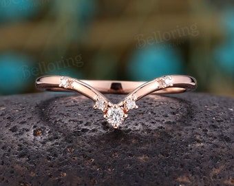 Moissanite Diamond Curved wedding band minimalist Solid 14K rose gold stacking band Vintage V shape chevron matching bands anniversary ring