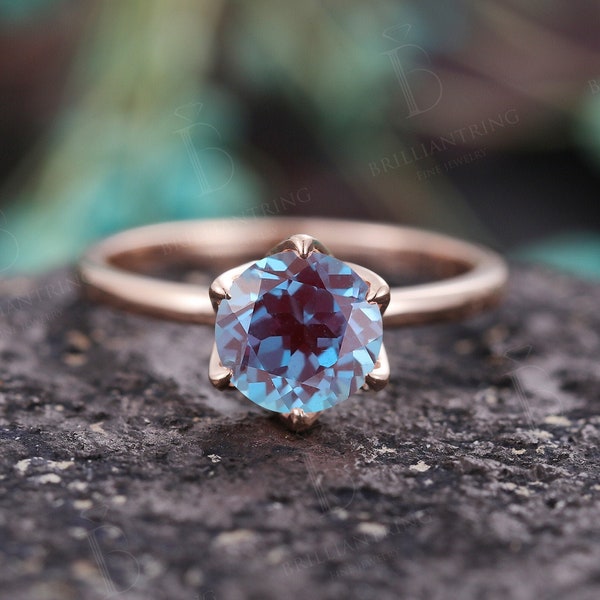 Anillo de compromiso de Alejandrita vintage anillo de moissanita de diamantes art déco anillo de bodas de oro rosa antiguo anillo de bodas promesa de aniversario