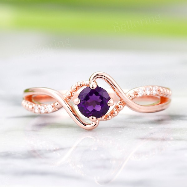 Vintage Amethyst engagement ring antique rose gold diamond rings twisted band unique handmade ring prong set unique anniversary promise ring