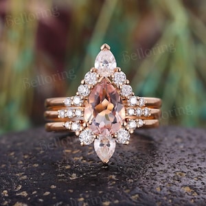 Pear shaped morganite engagement ring set 14k rose gold moissanite diamond wedding rings art deco unique promise anniversary bridal set