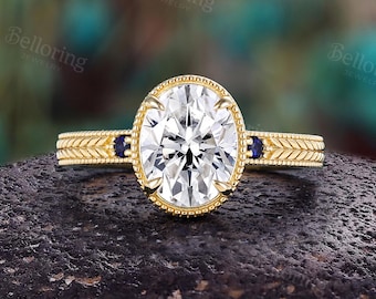 Vintage Oval Moissanite Engagement Ring: Unique Yellow Gold Milgrain Leaf Bridal Anniversary Gift