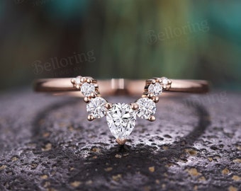 Diamond Curved wedding band in 14K Rose Gold- Vintage gold wedding ring women | pear moissanite stacking matching band Promise Ring