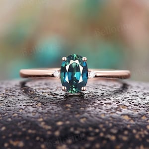 Vintage oval teal sapphire engagement ring unique rose gold moissanite bridal ring art deco diamond rings antique anniversary promise ring
