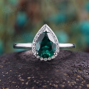 Pear shaped emerald engagement ring vintage moissanite diamond halo ring white gold art deco ring unique antique promise anniversary ring