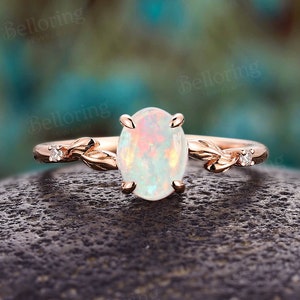 Vintage oval shape white opal engagement ring wedding ring round moissanite diamond ring leaf ring anniversary promise bridal ring