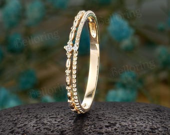 Delicate Double Diamond Wedding Band,14K Yellow Gold Ring,Vintage Milgrain Ring,Dainty Wedding Band Women,Minimalist Stacking Promise Band