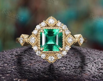Vintage Emerald Engagement Ring: Antique Milgrain Solid Gold Moissanite Halo Bridal Anniversary Promise Ring