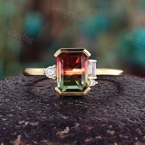 Emerald Cut Watermelon Tourmaline Engagement Ring - Art Deco Asymmetric Ring in 14K Gold | Bi-Color Statement Ring Promise Ring for Her