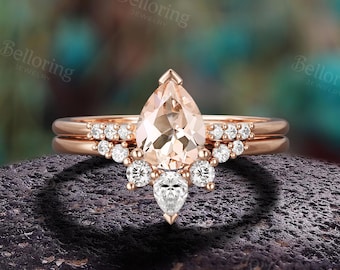Unique Pear Morganite Engagement Ring Set - Vintage Rose Gold Moissanite/Diamond Anniversary Bridal Set