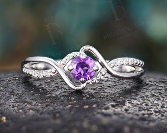 Vintage Amethyst engagement ring antique white gold diamond rings unique handmade twisted band birthstone anniversary celtic wedding ring