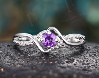 Vintage Amethyst engagement ring antique white gold diamond rings unique handmade twisted band birthstone anniversary celtic wedding ring