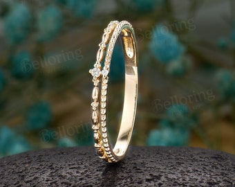 14K Gelbgold Diamant-Ehering Vintage zarter Milgrain-Ehering antiker Stapel-Ehering Jubiläums-passender Ring