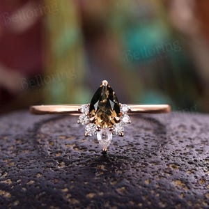 Pear Shaped Smoky Quartz Engagement Ring,14K Rose Gold Wedding Ring,Art Deco Moissanite/Diamond Wedding Ring,Unique Anniversary Bridal Ring