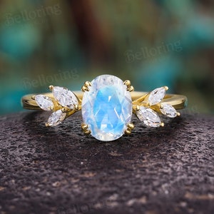 Vintage oval moonstone engagement ring yellow gold marquise diamond moissanite rings antique leaf ring round anniversary promise ring