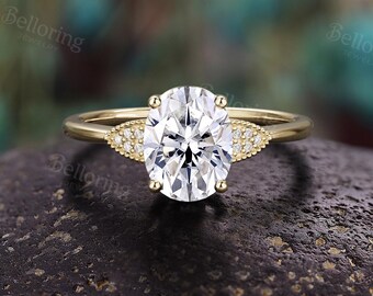 Vintage Oval Moissanite Engagement Ring: Dainty Solid Gold Milgrain Bridal Jewelry, Anniversary Gift