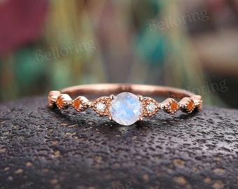 Vintage moonstone engagement ring art deco rose gold diamond rings unique milgrain wedding ring antique June birthstone anniversary ring